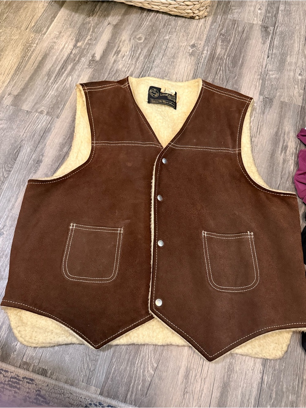 Men's Vintage Sears The Leather Shop Dark Brown Suede Sherpa-Lined Vest